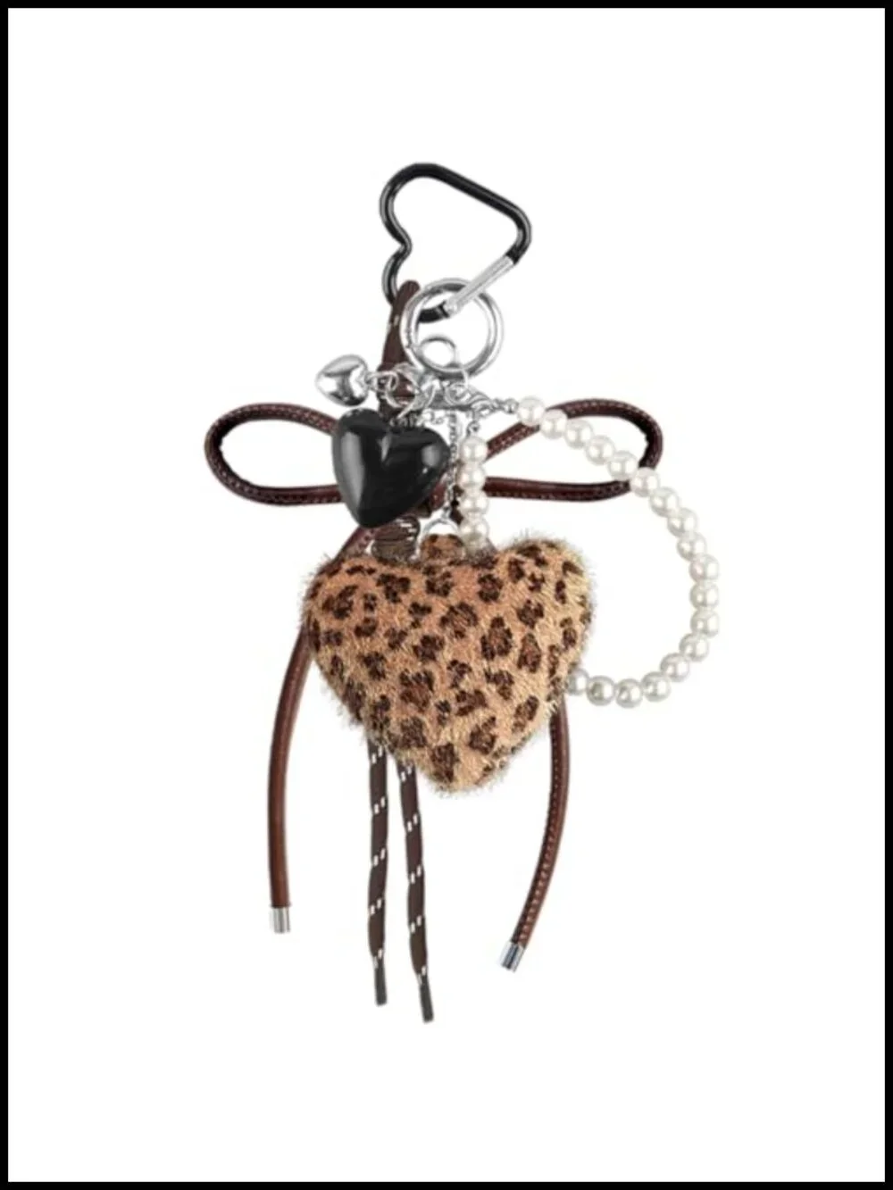 Plush Leopard Heart Keychain with Pearl Braided Rope, Cute Bag Charm for